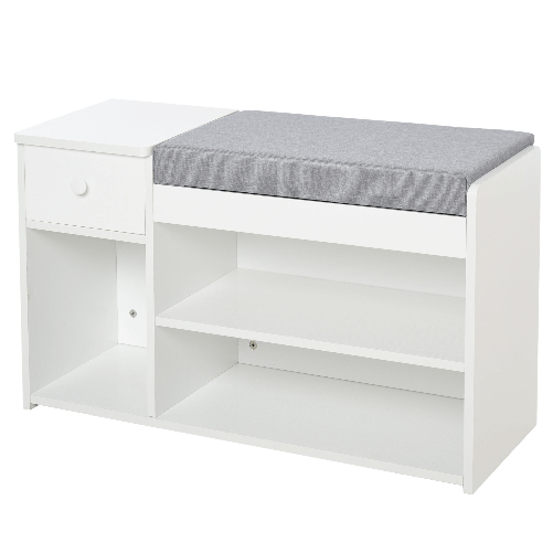 HOMCOM-Panca-Scarpiera-con-Cuscino-Cassetto-e-3-Vani-Aperti-in-Legno-81x31-5x49cm-Bianco