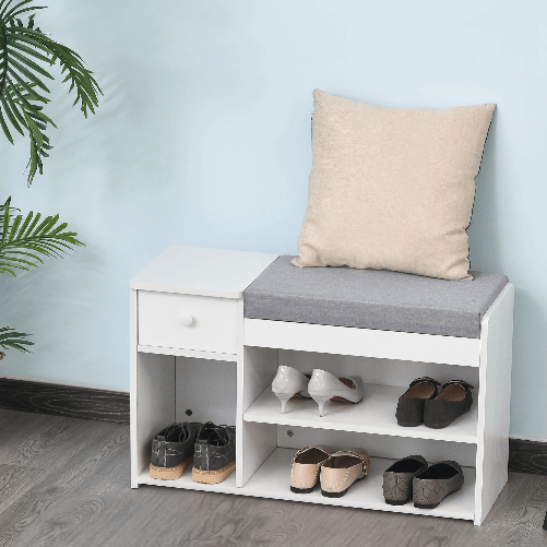 HOMCOM-Panca-Scarpiera-con-Cuscino-Cassetto-e-3-Vani-Aperti-in-Legno-81x31-5x49cm-Bianco