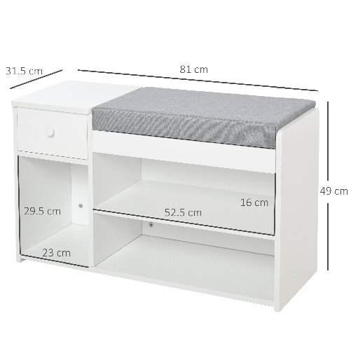 HOMCOM-Panca-Scarpiera-con-Cuscino-Cassetto-e-3-Vani-Aperti-in-Legno-81x31-5x49cm-Bianco