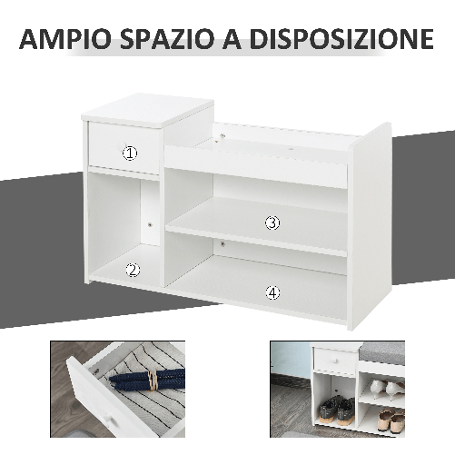 HOMCOM-Panca-Scarpiera-con-Cuscino-Cassetto-e-3-Vani-Aperti-in-Legno-81x31-5x49cm-Bianco