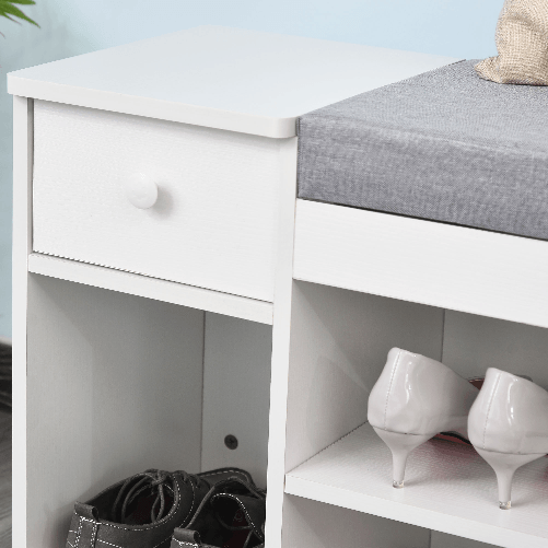 HOMCOM-Panca-Scarpiera-con-Cuscino-Cassetto-e-3-Vani-Aperti-in-Legno-81x31-5x49cm-Bianco