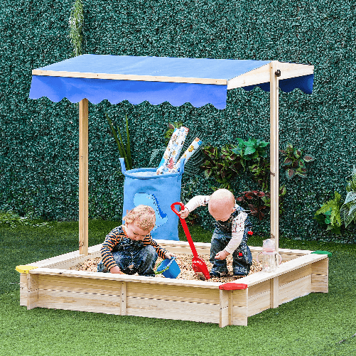 Outsunny-Sabbiera-per-Bambini-in-Legno-con-Panca-e-Tettuccio-Parasole-Regolabile-120x120x120cm