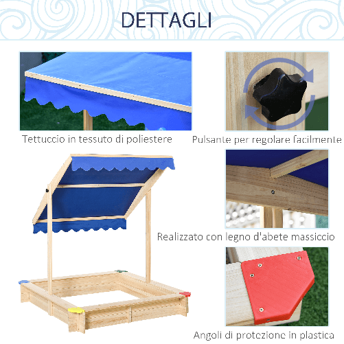 Outsunny-Sabbiera-per-Bambini-in-Legno-con-Panca-e-Tettuccio-Parasole-Regolabile-120x120x120cm
