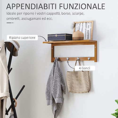 HOMCOM-Attaccapanni-a-Parete-Mensola-Appendiabiti-in-Bambu-50x17x20cm