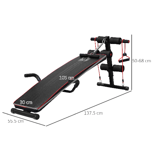 HOMCOM-Panca-Multifunzione-per-Allenamento-a-Casa-Panca-Addominali-Inclinazione-con-Votagore-a-molla-e-Schienale-Regolabile-e-2-Corde-Elastiche-55-5-x-137-5-cm-Nero