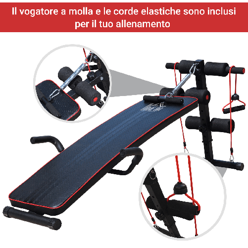 HOMCOM-Panca-Multifunzione-per-Allenamento-a-Casa-Panca-Addominali-Inclinazione-con-Votagore-a-molla-e-Schienale-Regolabile-e-2-Corde-Elastiche-55-5-x-137-5-cm-Nero