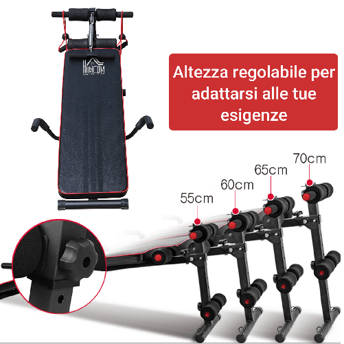 HOMCOM-Panca-Multifunzione-per-Allenamento-a-Casa-Panca-Addominali-Inclinazione-con-Votagore-a-molla-e-Schienale-Regolabile-e-2-Corde-Elastiche-55-5-x-137-5-cm-Nero