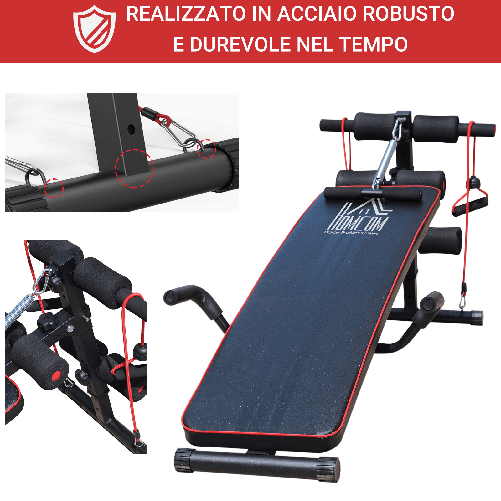 HOMCOM-Panca-Multifunzione-per-Allenamento-a-Casa-Panca-Addominali-Inclinazione-con-Votagore-a-molla-e-Schienale-Regolabile-e-2-Corde-Elastiche-55-5-x-137-5-cm-Nero
