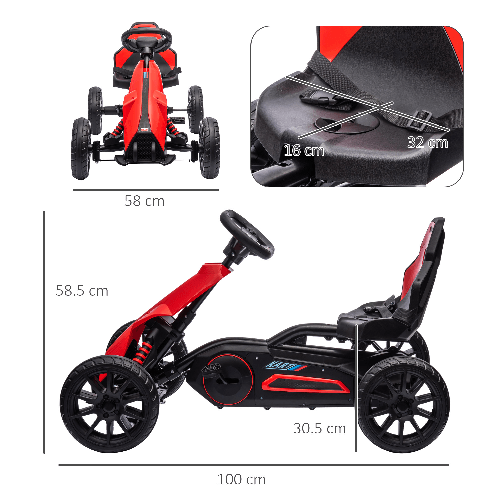 HOMCOM-Go-Kart-a-Pedali-per-Bambini-3-8-Anni-con-Sedile-Regolabile-e-Ruote-in-EVA-100x58x58-5-cm-Rosso-Nero
