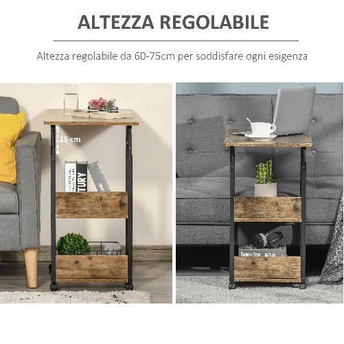 HOMCOM-Tavolino-da-Salotto-Stile-Industriale-Altezza-Regolabile-e-4-Ruote-con-Freno-80x40x60-75cm