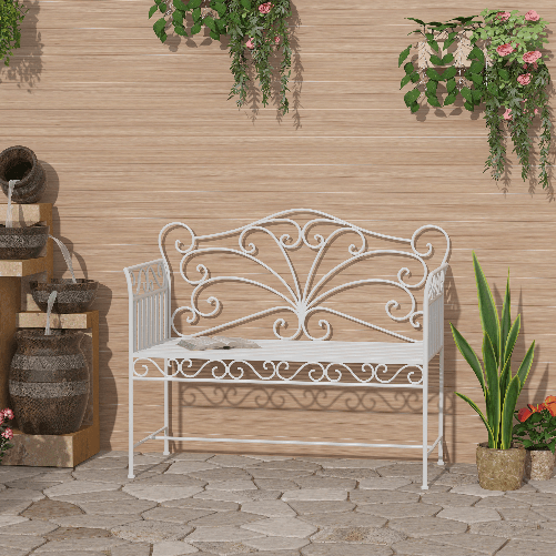 Outsunny-Panchina-da-Esterno-a-2-Posti--Panchina-Biposto-da-Giardino-Stile-Romantico-Ferro-113-5-x-50-x-96cm-Bianco