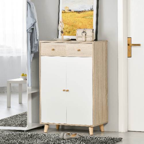 HOMCOM-Mobile-Scarpiera-Salvaspazio-per-12-Scarpe-Armadietto-con-4-Mensole-e-2-Cassetti-68x35x102-5cm-Color-Legno-e-Bianco