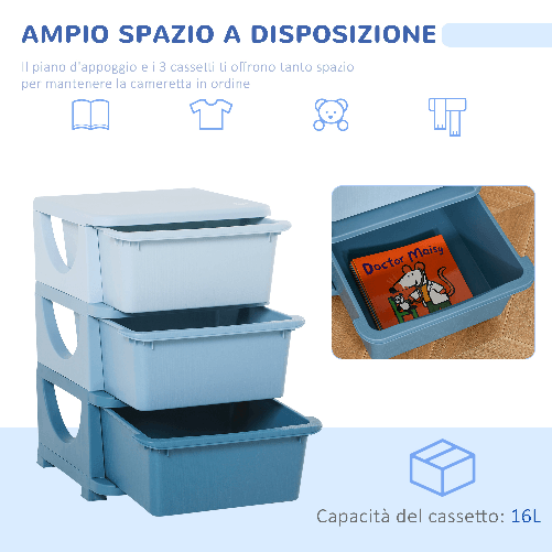 HOMCOM-Cassettiera-in-Plastica-Colorata-per-Cameretta-con-3-Cassetti-37x37x56-5cm-Blu