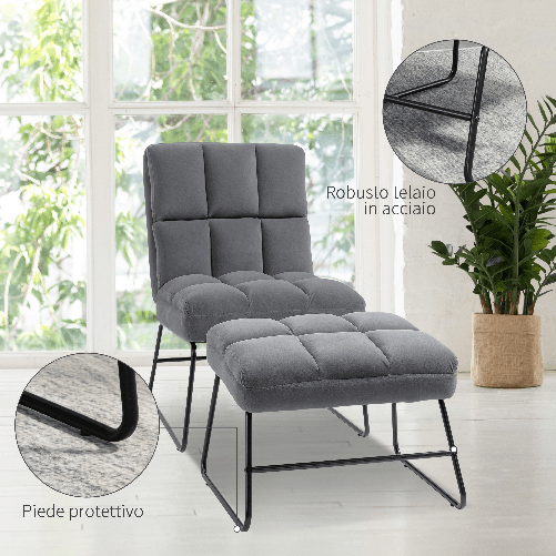 HOMCOM-Poltrona-Relax-con-Poggiapiedi-per-Interni-Set-2-Pezzi-in-Effetto-Velluto-e-Metallo-Grigia