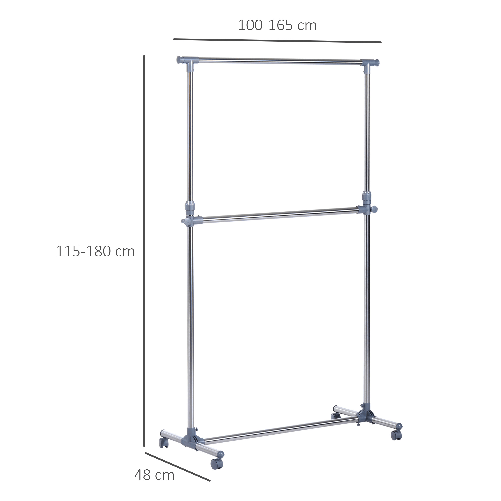 HOMCOM-Stender-Appendiabiti-con-Altezza-ed-Estensione-Regolabili-4-Ruote-Girevoli-Acciaio-Inox-e-ABS-165x48x180cm