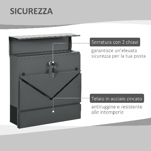 HOMCOM-Cassetta-Postale-in-Acciaio-Zincato-con-Portagiornali-e-2-Chiavi-di-Sicurezza-37x10-5x37-cm-Grigio