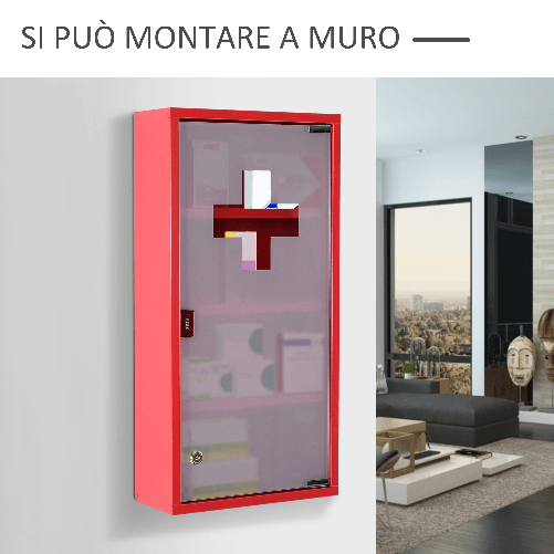 HOMCOM-Cassetta-Porta-Medicine-Armadietto-Medicinali-4-Livelli-Porta-in-Vetro-60-30-12cm-Rosso