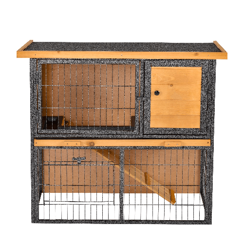 PawHut-Gabbia-per-Conigli-con-Rampa-e-Area-Aperta-Conigliera-in-Legno-e-Metallo-su-2-Livelli-Giallo-Chiaro-89-5x45x81cm