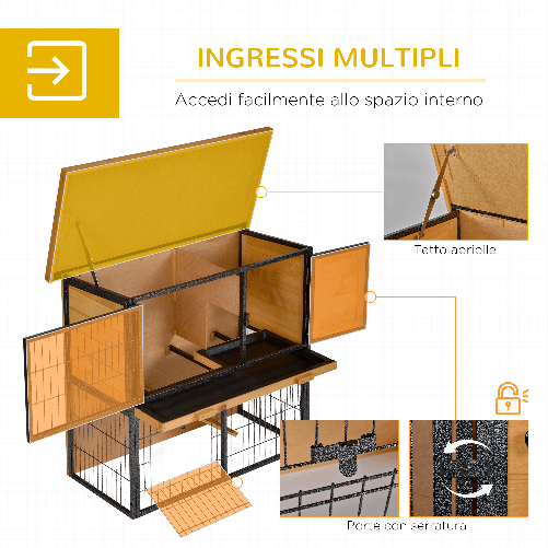 PawHut-Gabbia-per-Conigli-con-Rampa-e-Area-Aperta-Conigliera-in-Legno-e-Metallo-su-2-Livelli-Giallo-Chiaro-89-5x45x81cm