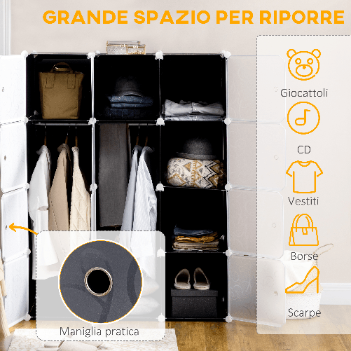 HOMCOM-Armadio-Guardaroba-Modulare-Cubi-Salvaspazio-da-Casa-Bianco-e-Nero-in-PP-111-x-47-x-145-cm