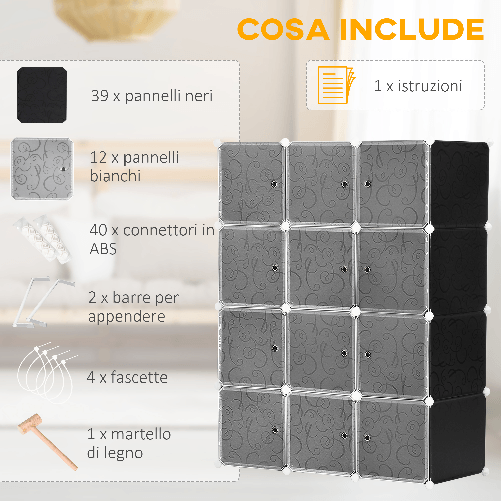 HOMCOM-Armadio-Guardaroba-Modulare-Cubi-Salvaspazio-da-Casa-Bianco-e-Nero-in-PP-111-x-47-x-145-cm