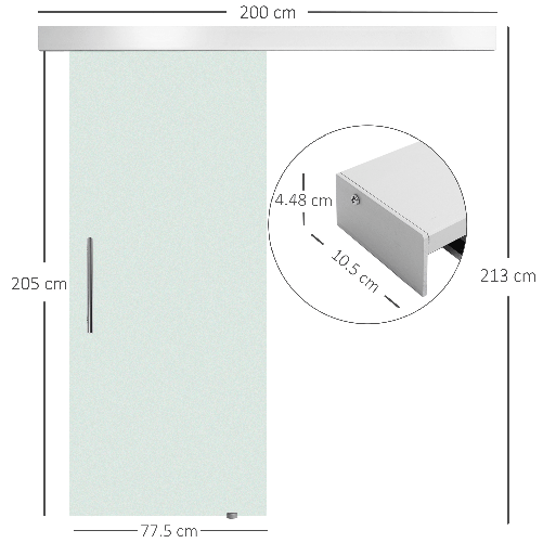 HOMCOM-Porta-Scorrevole-Interna-in-Vetro-Smerigliato-con-Binario-B1-e-Maniglia-per-Bagno-Cucina-Studio-Vetro-205x-775x-08cm