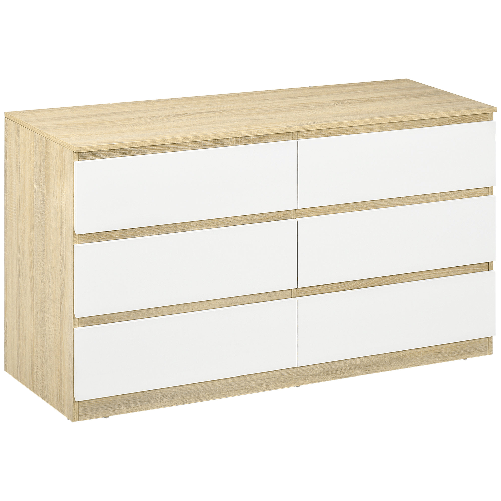 HOMCOM Cassettiera 6 Cassetti Moderna in Legno, 135x48x77cm, Bianco e Colore Legno