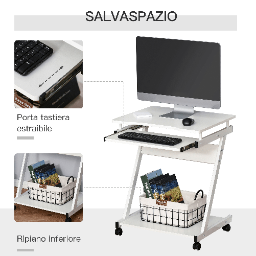 HOMCOM-Tavolo-Scrivania-Porta-PC-Piano-Tastiera-a-Scomparsa-e-4-Ruote-Bianco