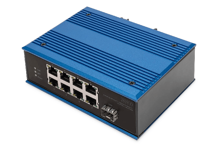 DIGITUS-Switch-di-rete-PoE---9-porte-Fast-Ethernet---8x-RJ45---1x-porta-SFP---Non-gestito---10-100-Mbps---Montaggio-su-guida-DIN-e-a-parete---IP40---Serie-industriale---Blu
