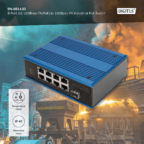 DIGITUS-Switch-di-rete-PoE---9-porte-Fast-Ethernet---8x-RJ45---1x-porta-SFP---Non-gestito---10-100-Mbps---Montaggio-su-guida-DIN-e-a-parete---IP40---Serie-industriale---Blu