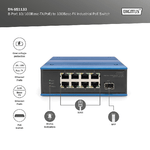 DIGITUS-Switch-di-rete-PoE---9-porte-Fast-Ethernet---8x-RJ45---1x-porta-SFP---Non-gestito---10-100-Mbps---Montaggio-su-guida-DIN-e-a-parete---IP40---Serie-industriale---Blu