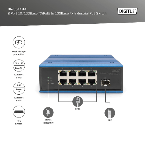 DIGITUS-Switch-di-rete-PoE---9-porte-Fast-Ethernet---8x-RJ45---1x-porta-SFP---Non-gestito---10-100-Mbps---Montaggio-su-guida-DIN-e-a-parete---IP40---Serie-industriale---Blu