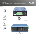 DIGITUS-Switch-di-rete-PoE---9-porte-Fast-Ethernet---8x-RJ45---1x-porta-SFP---Non-gestito---10-100-Mbps---Montaggio-su-guida-DIN-e-a-parete---IP40---Serie-industriale---Blu