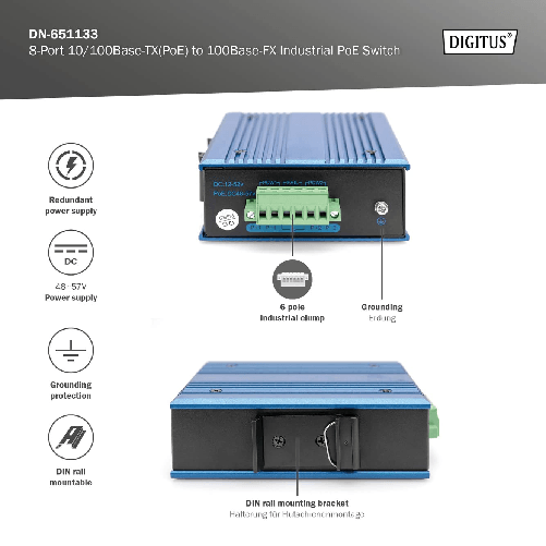 DIGITUS-Switch-di-rete-PoE---9-porte-Fast-Ethernet---8x-RJ45---1x-porta-SFP---Non-gestito---10-100-Mbps---Montaggio-su-guida-DIN-e-a-parete---IP40---Serie-industriale---Blu