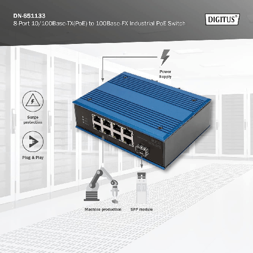 DIGITUS-Switch-di-rete-PoE---9-porte-Fast-Ethernet---8x-RJ45---1x-porta-SFP---Non-gestito---10-100-Mbps---Montaggio-su-guida-DIN-e-a-parete---IP40---Serie-industriale---Blu