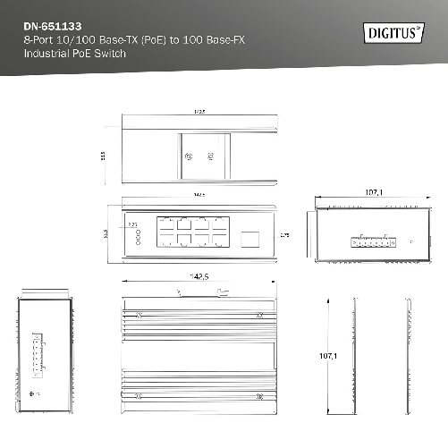 DIGITUS-Switch-di-rete-PoE---9-porte-Fast-Ethernet---8x-RJ45---1x-porta-SFP---Non-gestito---10-100-Mbps---Montaggio-su-guida-DIN-e-a-parete---IP40---Serie-industriale---Blu