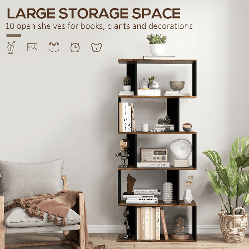 HOMCOM-Libreria-Moderna-Asimmetrica-a-Parete-con-5-Ripiani-in-Legno-70x29-5x163cm-Marrone-Rustico