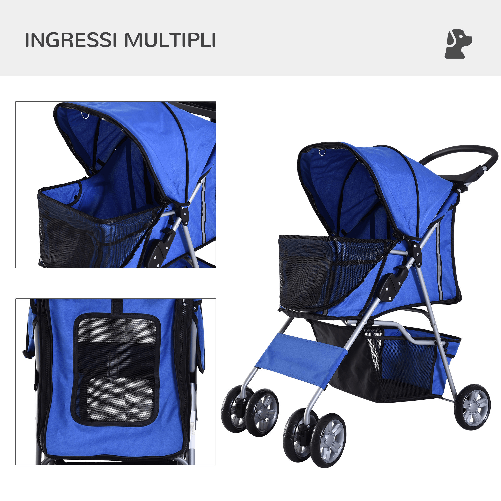 PawHut-Passeggino-per-Cani-Pieghevole-in-Tessuto-con-Cestino-e-Portabicchieri-75x45x97-cm-Blu