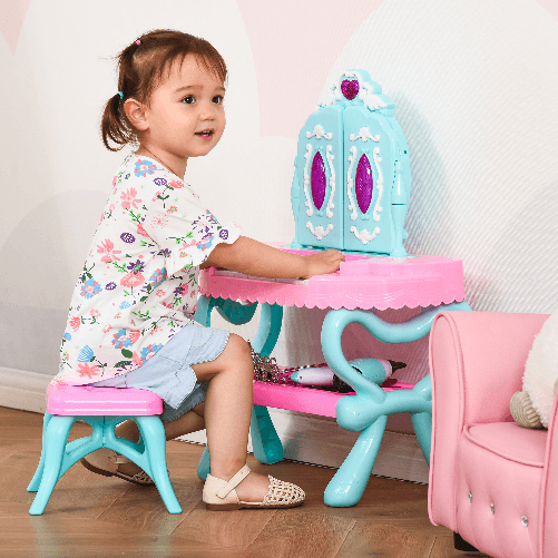 HOMCOM-Set-2-in-1-da-32pz-per-Bambine-3-6-Anni-Tavolo-per-Trucco-con-Accessori-e-Pianoforte-49-5x23x66-cm-Blu-e-Rosa