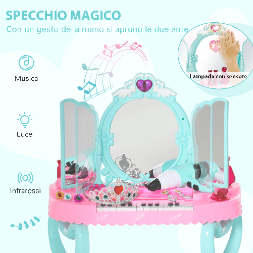 HOMCOM-Set-2-in-1-da-32pz-per-Bambine-3-6-Anni-Tavolo-per-Trucco-con-Accessori-e-Pianoforte-49-5x23x66-cm-Blu-e-Rosa