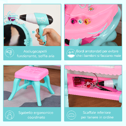 HOMCOM-Set-2-in-1-da-32pz-per-Bambine-3-6-Anni-Tavolo-per-Trucco-con-Accessori-e-Pianoforte-49-5x23x66-cm-Blu-e-Rosa