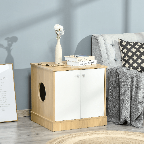 PawHut-Mobile-Lettiera-per-Gatti-con-2-Ante-e-Ripiano-Interno-Estraibile-in-Legno-60x55x62-5cm---Legno-Bianco