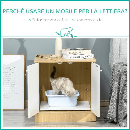 PawHut-Mobile-Lettiera-per-Gatti-con-2-Ante-e-Ripiano-Interno-Estraibile-in-Legno-60x55x62-5cm---Legno-Bianco