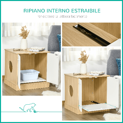 PawHut-Mobile-Lettiera-per-Gatti-con-2-Ante-e-Ripiano-Interno-Estraibile-in-Legno-60x55x62-5cm---Legno-Bianco