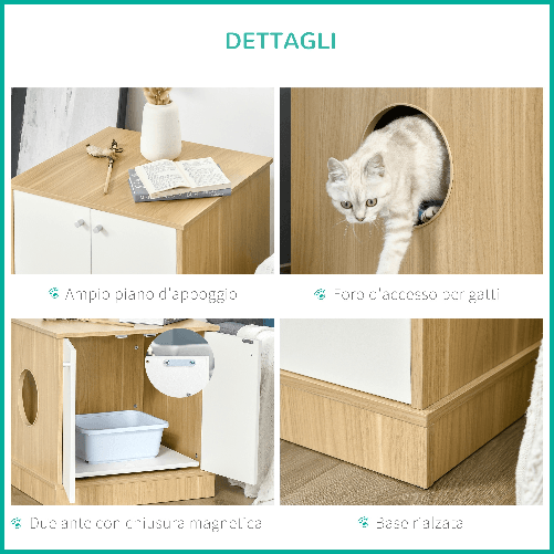 PawHut-Mobile-Lettiera-per-Gatti-con-2-Ante-e-Ripiano-Interno-Estraibile-in-Legno-60x55x62-5cm---Legno-Bianco