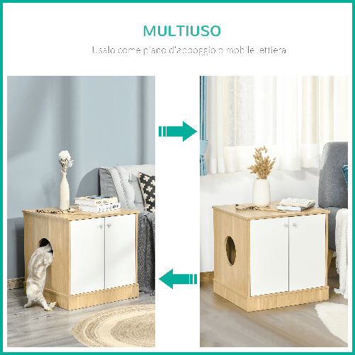 PawHut-Mobile-Lettiera-per-Gatti-con-2-Ante-e-Ripiano-Interno-Estraibile-in-Legno-60x55x62-5cm---Legno-Bianco