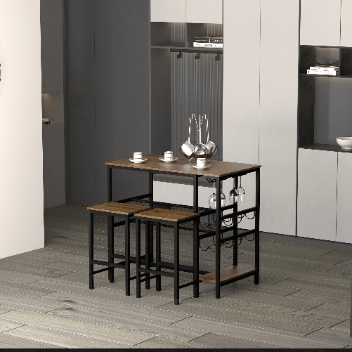 HOMCOM-Set-Tavolo-con-2-Sgabelli-Alti-da-Bar-Portabottiglie-e-Portabicchieri-in-Stile-Industriale