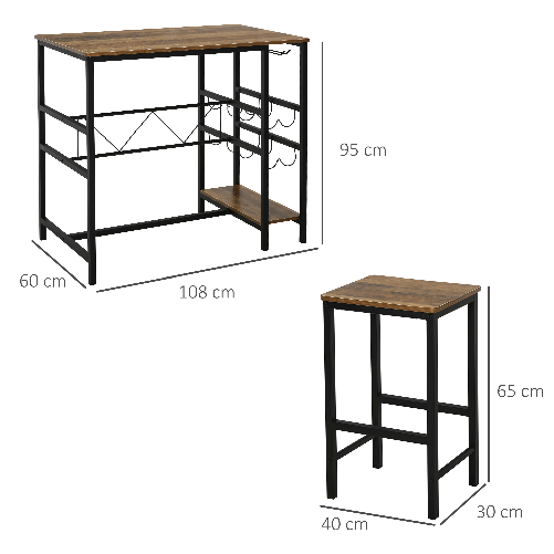 HOMCOM-Set-Tavolo-con-2-Sgabelli-Alti-da-Bar-Portabottiglie-e-Portabicchieri-in-Stile-Industriale