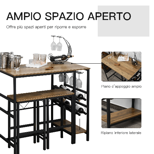 HOMCOM-Set-Tavolo-con-2-Sgabelli-Alti-da-Bar-Portabottiglie-e-Portabicchieri-in-Stile-Industriale