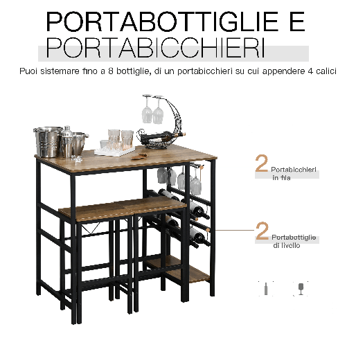 HOMCOM-Set-Tavolo-con-2-Sgabelli-Alti-da-Bar-Portabottiglie-e-Portabicchieri-in-Stile-Industriale